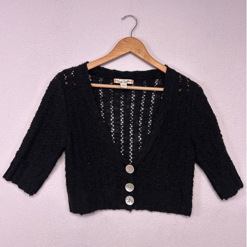 Boho Grunge Love Change Womens Large Black Open Knit Cropped Cardigan Sweater
